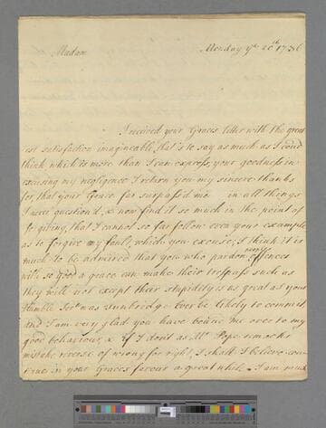 Montagu, Elizabeth (Robinson). Letter to Margaret Cavendish (Harley) Bentinck, Duchess of Portland
