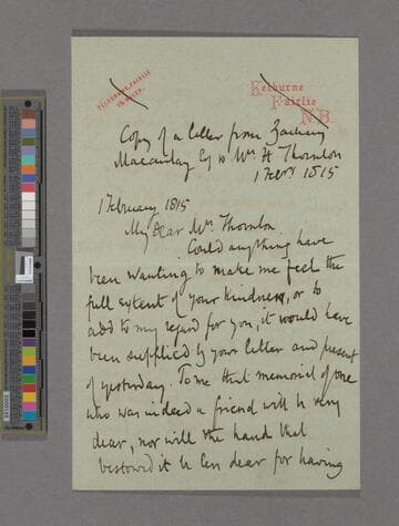 Zachary Macaulay. Letter to Marianne (Sykes) Thornton