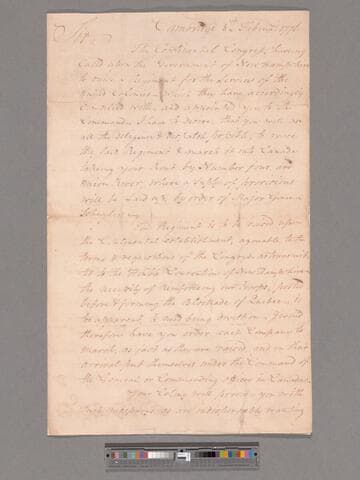 Letter from George Washington, Cambridge, Massachusetts, to Colonel Timothy Bedel