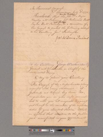Address to George Washington from the Massachusetts Provincial Congress, Watertown