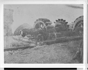 Pelton wheels and a generator under construction at Santa Ana River #1 Hydro Plant