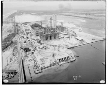 Bird's eye view of the Long Beach Steam Plant while under construction from the top of the raised Salt Lake Bridge