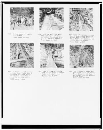Composite copy negs of backfill work on Huntington Lake Dam 1 in May-Jun 1937