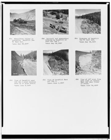 Composite copy negs of backfill work on Huntington Lake Dam 1 in May-Jun 1937