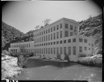 View of Big Creek Powerhouses #2 and 2A from across the forebay at waters edge