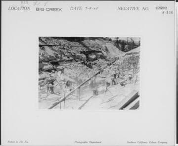 Big Creek, Florence Lake Dam - View of river section excavation looking N (downstream) from a point in the riverbed above Arch 53