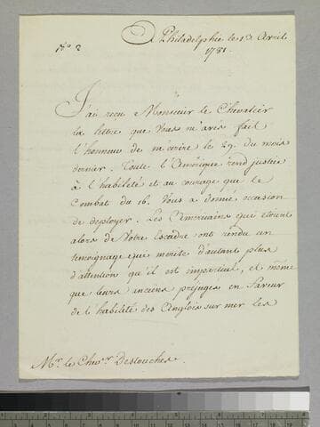 Letter : Philadelphia, to Charles-René-Dominique Sochet Destouches, 1781 April 13