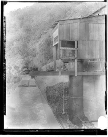The exterior of the automatic regulating device at Santa Ana River #1 Hydro Plant at the flume