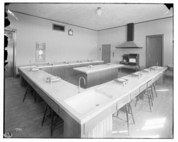 Cooking classroom with hotplates on the benches and electric range up-front
