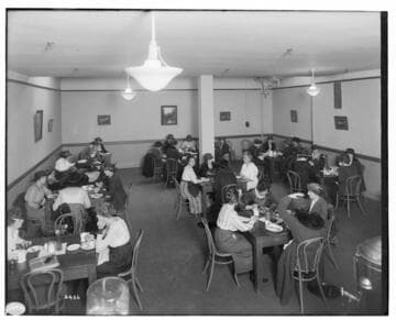 Girls lunch room in new Edison Building Women eating at tables