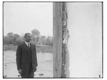 Man with mustache ; Yosemite Lumber Company buildings, Merced Falls, Merced County