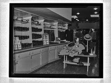 Interior view of men's store with merchandise, Corrine Griffith Shop, Beverly Hills