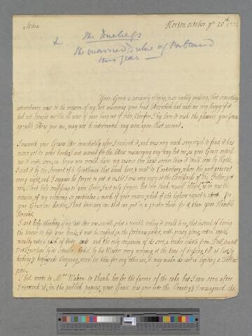 Montagu, Elizabeth (Robinson). Letter to Margaret Cavendish (Harley) Bentinck, Duchess of Portland