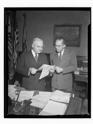 Los Angeles Mayor Fletcher Bowron, left, with unidentified man