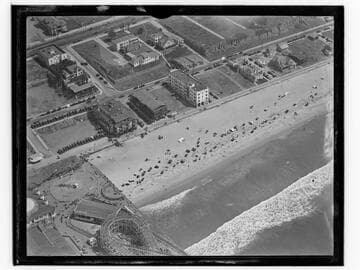 Aerial detail of Santa Monica Pier and beach south of pier