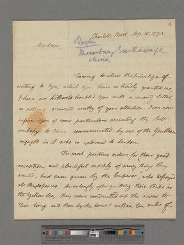 Blagden, Sir Charles. Letter to Elizabeth (Robinson) Montagu