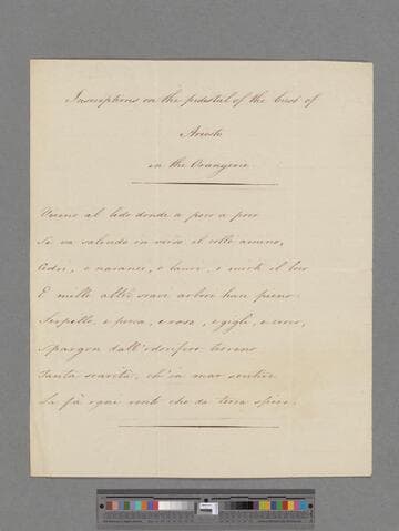 [Unknown author]. Inscriptions on the pedestal of the bust of Ariosto in the Orangerie : [a poem of 8 lines in Italian]