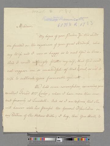 Kennicott, Benjamin. Letter to Elizabeth (Robinson) Montagu