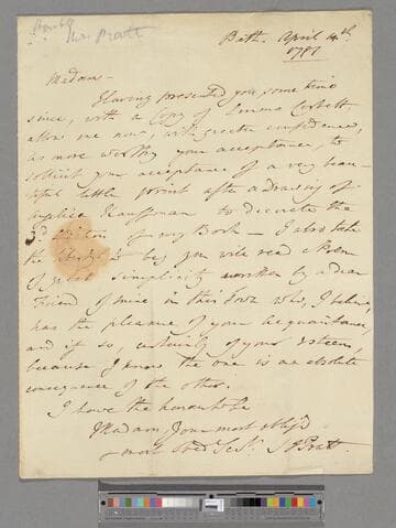 Pratt, Samuel Jackson. Letter to Elizabeth (Robinson) Montagu