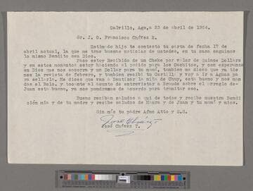 Letter from José Chávez Torres (Calvillo, Aguascalientes) to Paco Chávez Esparza (San José, California)