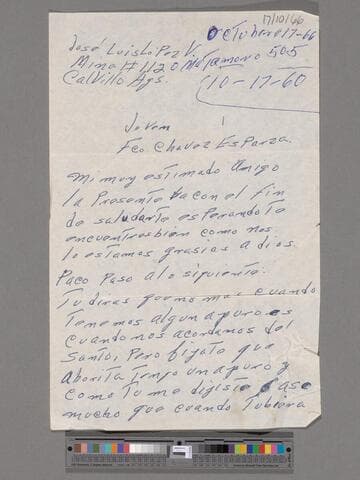 Letter fromJ. Luis López Velasco (Calvillo, Aguascalientes) to Paco Chávez Esparza (San José, California)