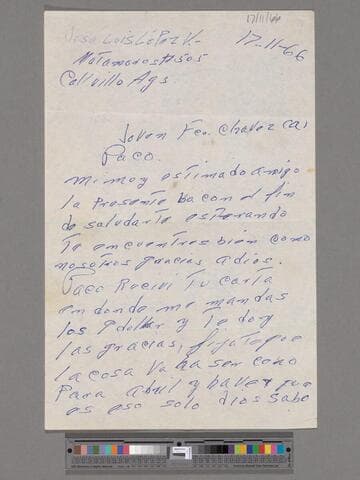 Letter from J. Luis López Velasco (Calvillo, Aguascalientes) to Paco Chávez Esparza (San José, California)