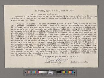 Letter from José Chávez Torres (Calvillo, Aguascalientes) to Paco Chávez Esparza (San José, California)