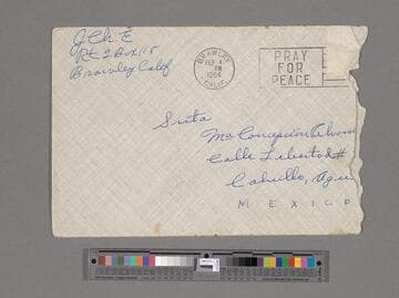 Envelope, José Chávez Esparza (Brawley, California) to María Concepción Alvarado Loera (Calvillo, Aguascalientes)