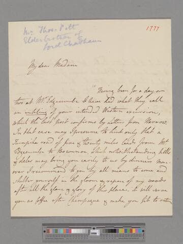 Pitt, Thomas, 1st Baron Camelford. Letter to Elizabeth (Robinson) Montagu