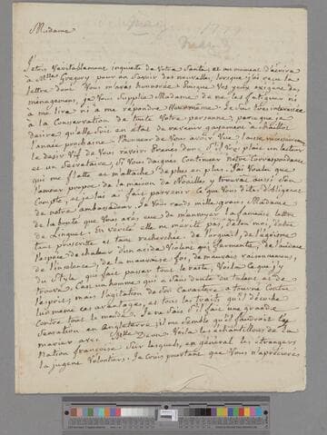 Durey de Meinieres, Octavie (Guichard) Belot. Letter to Elizabeth (Robinson) Montagu