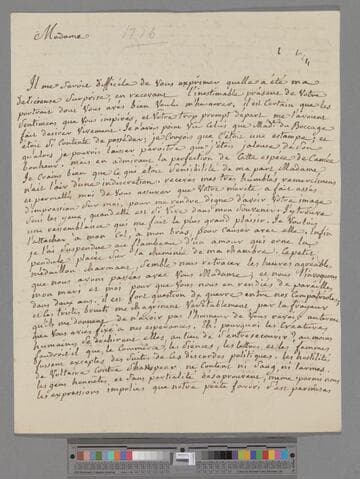 Durey de Meinieres, Octavie (Guichard) Belot. Letter to Elizabeth (Robinson) Montagu