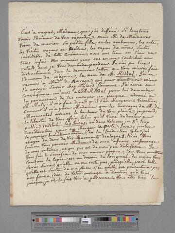 Durey de Meinieres, Octavie (Guichard) Belot. Letter to Elizabeth (Robinson) Montagu