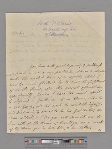 Erskine, Thomas, 1st Baron Erskine of Restormel Castle. Letter to Elizabeth (Robinson) Montagu