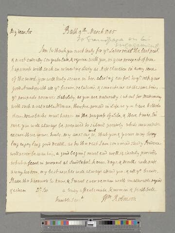 Robinson, Sir William, Bart. Letter to Matthew Montagu, 4th Baron Rokeby