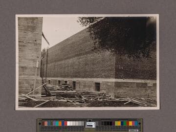 Huntington Library Construction: view showing the east side of the West Wing, looking south
