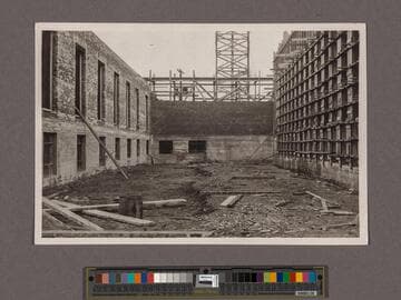 Huntington Library Construction: view showing the east side of the Center Wing, the north side of the Main Building, and the west side of the East Wing