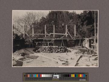 Huntington Library Construction: view showing the west end of the Main Building, looking west