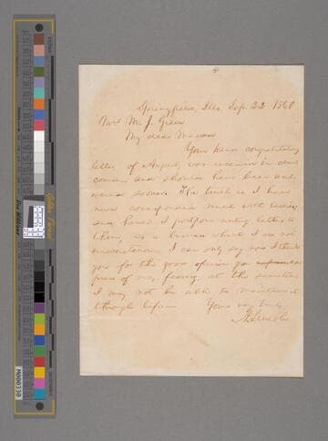 Abraham Lincoln, Springfield, Illinois, letter to Mrs. M.J. Green