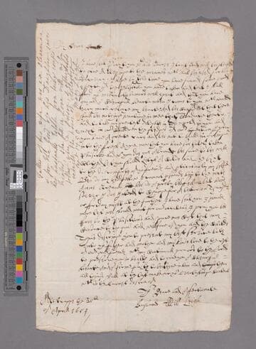 William Leigh, 1604-1690, letter, Adlestrop, to Joanna Pury Leigh