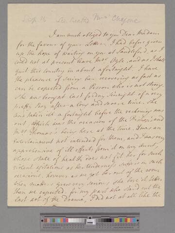 Chapone, Hester (Mulso). Letter to Elizabeth (Robinson) Montagu