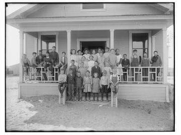 Children in front of a school, Merced County