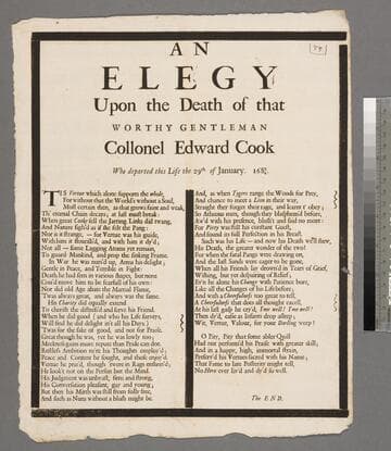 An elegy upon the death of that worthy gentleman Collonel Edward Cook who departed this life the 29th. of January. 1683/4