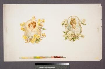 [Proof of two portraits of women in embellished frames with roses]
