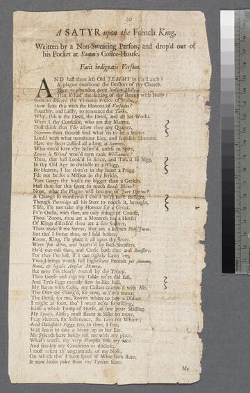 A satyr upon the French king, written by a non-swearing parson, and drop'd out of his pocket at Samm's Coffee-House