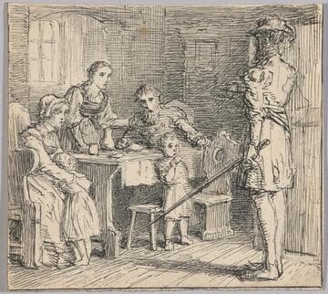 Standing Man Addressing a Family of Five Seated Around a Table