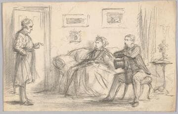 Standing Man Speaking to Seated Man and Woman