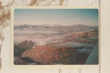 Across Toroweap Valley. Mt. Emma upper left; Mt. Logan upper center; Mt. Trumbull upper right; Vulcans Throne lower left