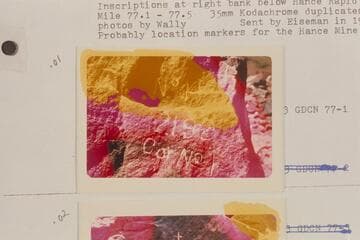 Inscriptions at right bank below Hance Rapid; Mile 77.1-77.5.  Probably location markers for the Hance Mine