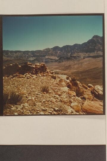 Indian structure above left bank of Colorado River in the Grand Canyon.  Mile 71.2 looking northeast.  The edge of the river is in middle background