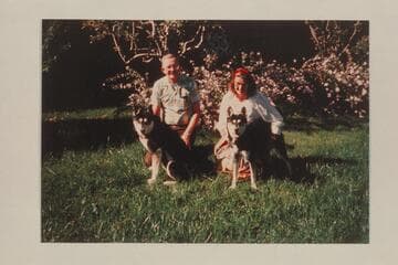 Hal and Jean Bennett and their dogs. Sent with their 1977 Christmas card